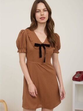 Blu Pepper Brown Polka Dot Puff-Sleeve Mini Dress with Black Bow